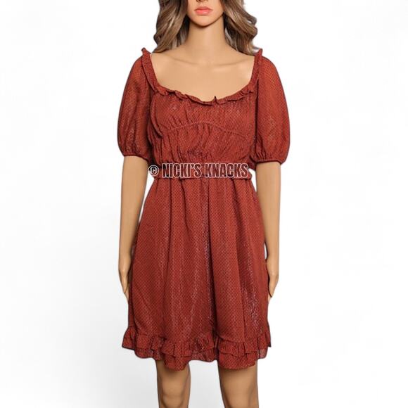 By The River Rust Polka Dot Mini Dress Puff Sleeve Ruffle Fit Flare Fall Size S - Picture 3 of 13